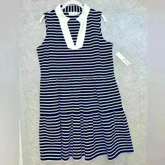 NWT ELIZA J Womens V Neck Striped Sleeveless Tiered Dress Navy and White Size L - Picture 3 of 10